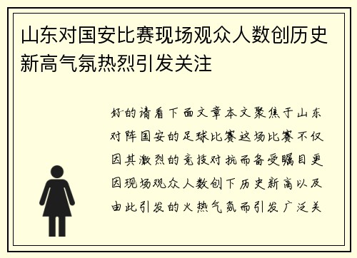 山东对国安比赛现场观众人数创历史新高气氛热烈引发关注