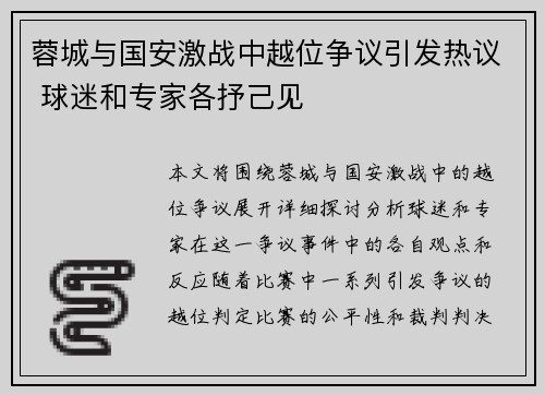 蓉城与国安激战中越位争议引发热议 球迷和专家各抒己见