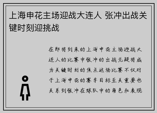 上海申花主场迎战大连人 张冲出战关键时刻迎挑战