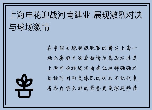 上海申花迎战河南建业 展现激烈对决与球场激情